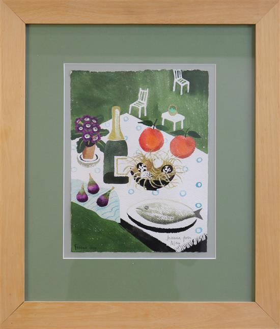 § Mary Fedden (1915-2012) Table top still life in a garden 11.5 x 8.5in.